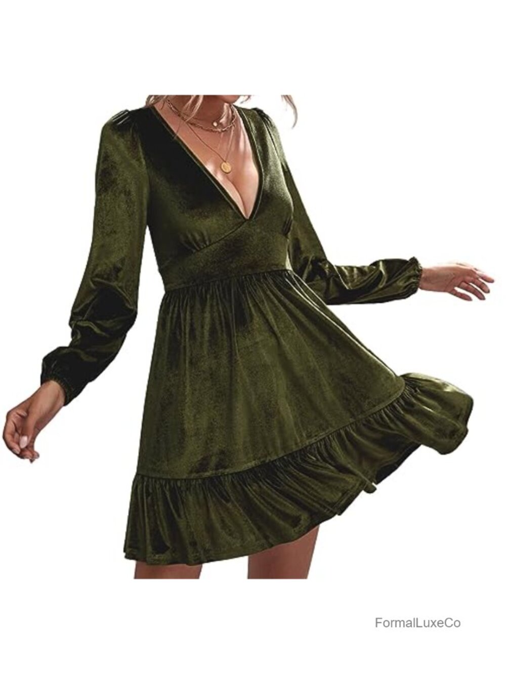 Women's Velvet Mini Swing Dress Deep V-Neck Ruffle Cocktail Shift Dress Long